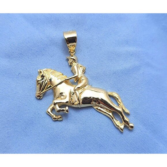 Beautiful 14K Karat Solid Yellow Gold Designer Jockey on Horse Charm Pendant